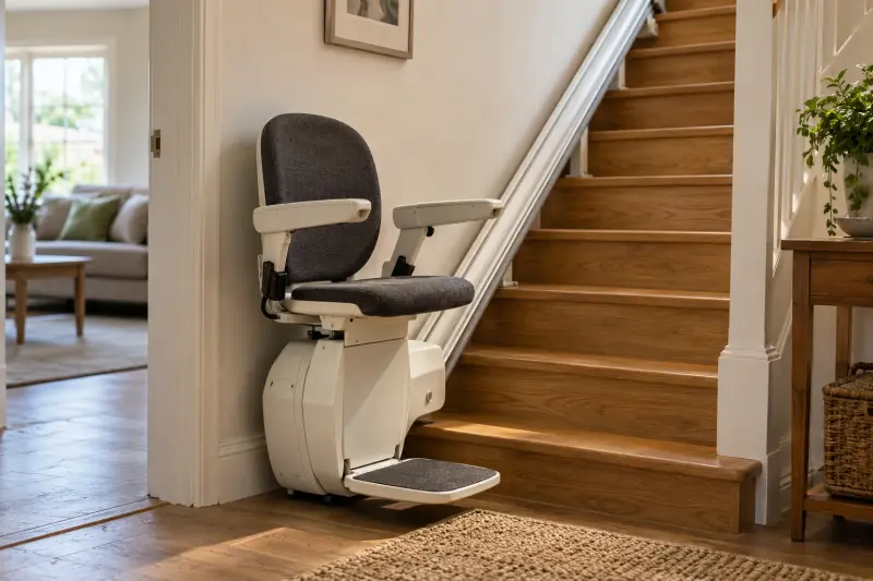 Illustrative empty stairlift beside timber stairs in a domestic entrance.