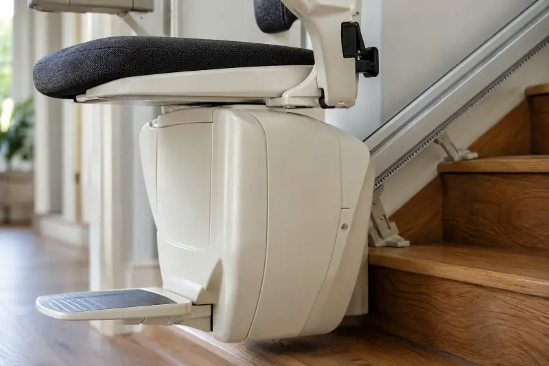 Illustrative exterior casing and seat detail of an empty generic stairlift.