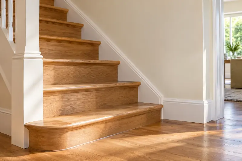 Illustrative timber stair treads, skirting and wall at a lower landing.
