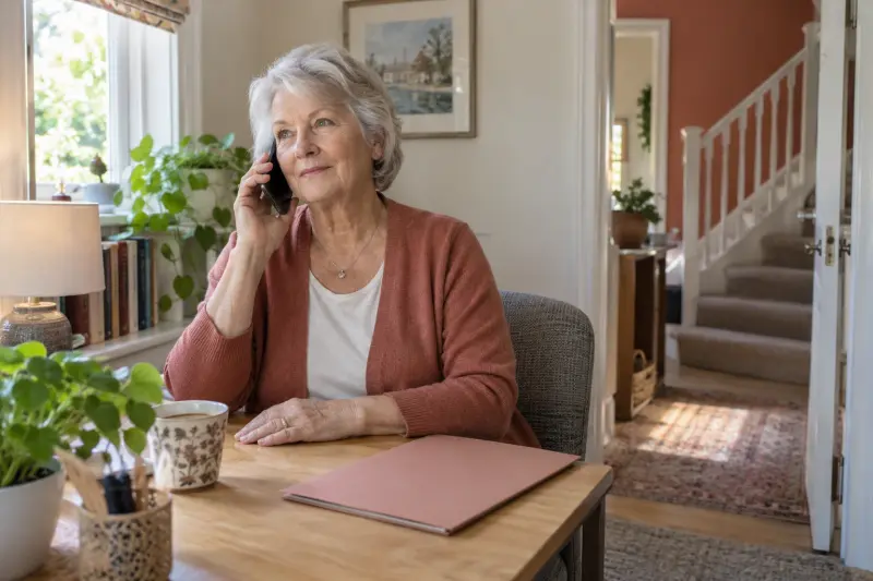 Illustrative household phone conversation at a study desk beside a closed folder.