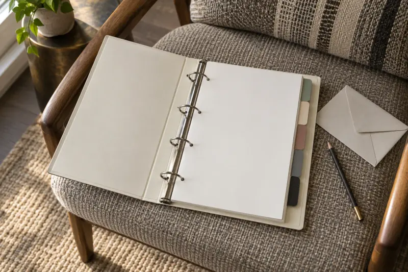 Illustrative open binder with blank pages and unmarked divider tabs.