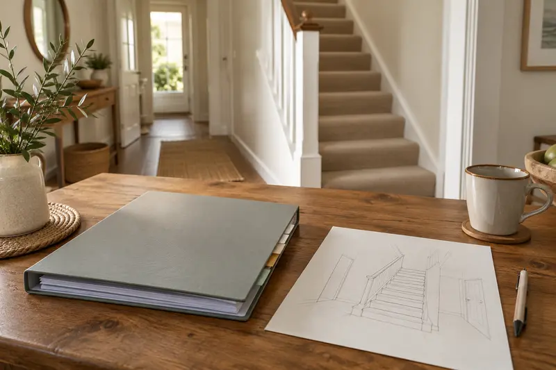 Tabbed ownership folder and a simple stair sketch on an oak planning table.