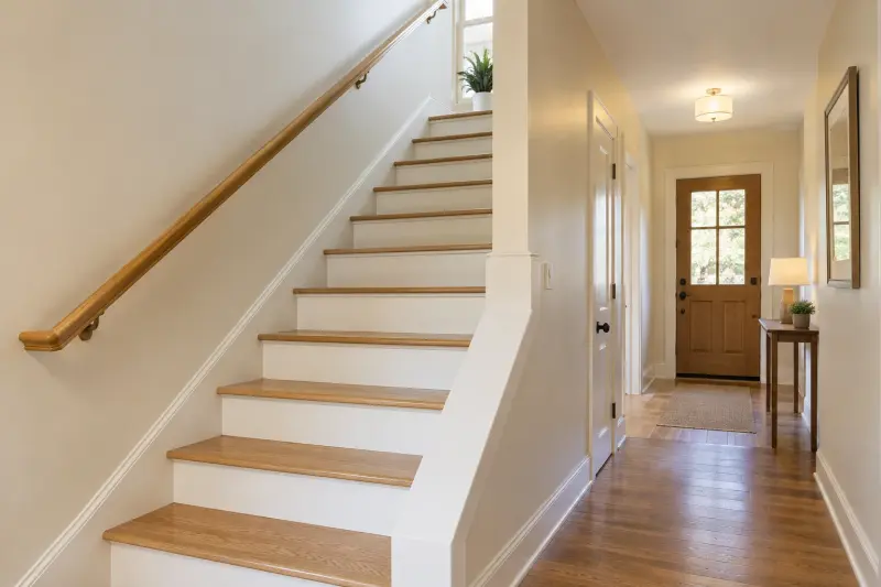 Illustrative photograph of an empty home stairway with a wooden wall handrail and adjacent hallway.