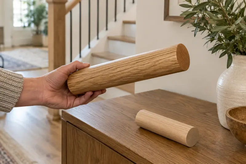 Illustrative close-up photograph of a hand holding a rounded wooden rail sample beside a second sample.
