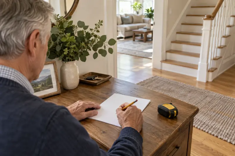 Illustrative photograph of a man preparing blank stairway notes beside an unused tape measure.