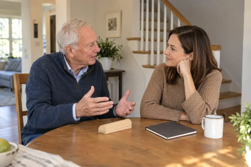 Illustrative photograph of two adults discussing a loose wooden sample beside a staircase.