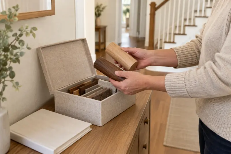 Illustrative photograph of wooden samples being organised in a fabric-lined box on a hallway cabinet.