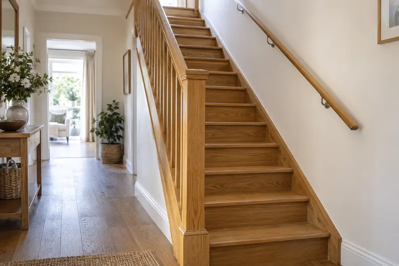 Empty oak staircase with an ordinary wall handrail in a cream hallway.