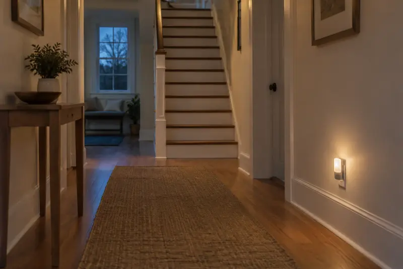 An empty hallway toward stairs with a small plug-in wall light at twilight