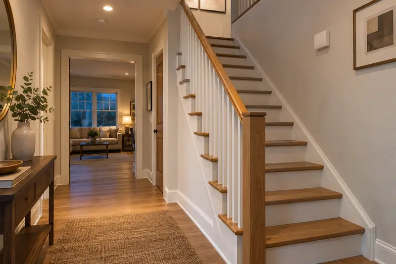 Wooden staircase lit by ceiling lights, with a small unlit white wall lamp nearby.