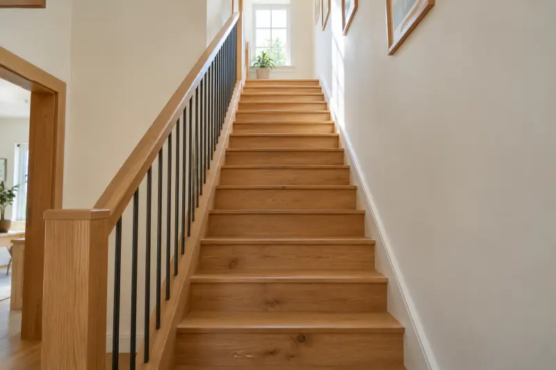 Vista ilustrativa hacia arriba de una escalera recta hasta su rellano superior.
