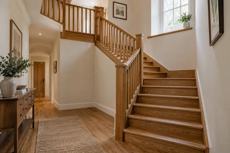 Oak staircase turning around a landing in a sunlit cream interior.