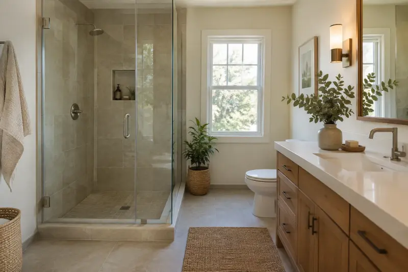 Illustrative photograph of an empty tiled bathroom with a shower enclosure and washbasin.