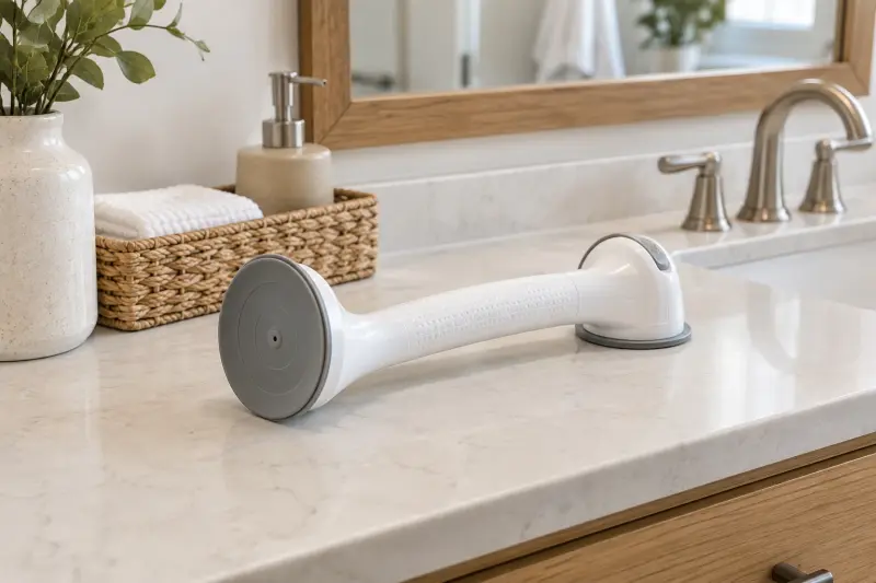 Illustrative close-up photograph of a detached plain suction-cup handle resting unused on a bathroom counter.