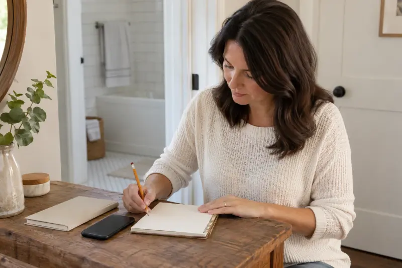 Illustrative photograph of a woman preparing blank notes beside a plain booklet outside a bathroom.