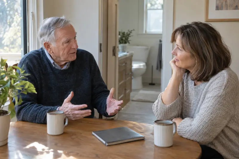 Illustrative photograph of two adults discussing household questions outside a bathroom.