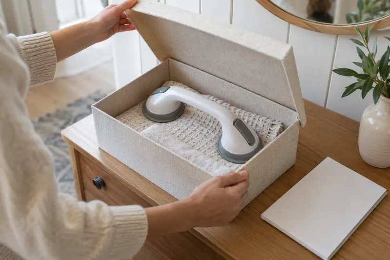 Illustrative photograph of a detached plain suction handle stored in an open fabric-lined box.