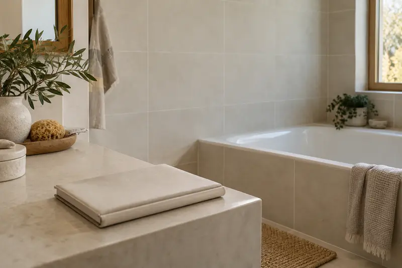 Illustrative plain tiled bath wall and a closed planning folder on a dry counter.