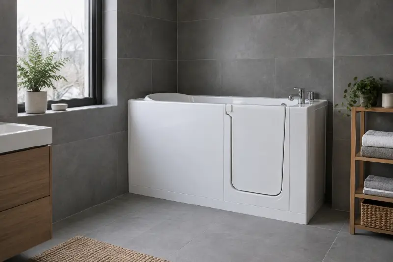 A generic unoccupied white walk-in bath with a closed door in a dry slate-tiled bathroom