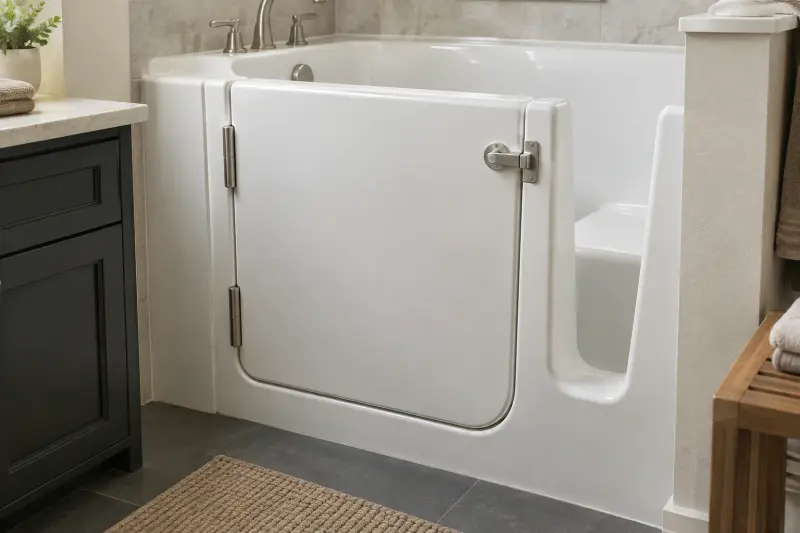 Close view of a closed white bath door and its simple latch