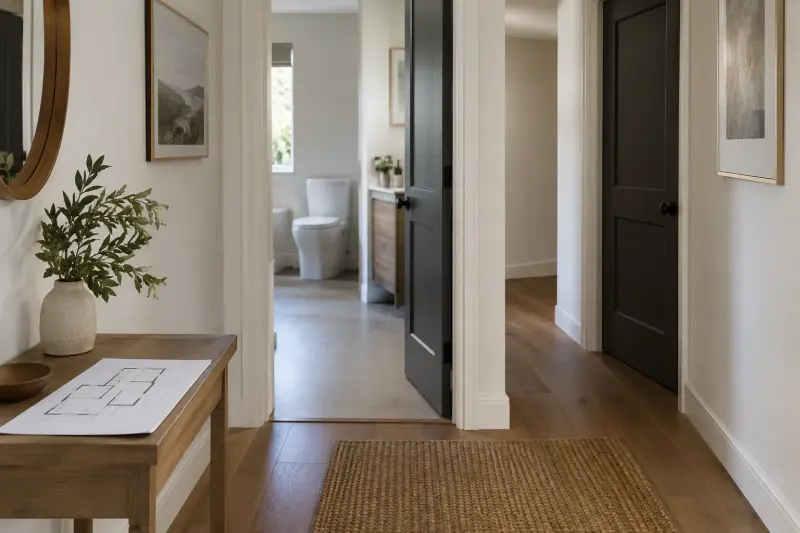 Hallway facing a bathroom entrance with a floor plan on a console