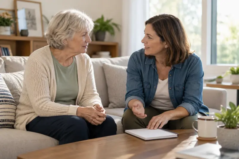 Two adults discussing a bathroom change with a blank notebook
