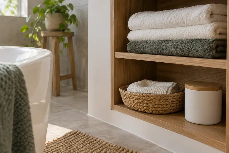 Folded towels and a soft cloth stored on a bathroom shelf