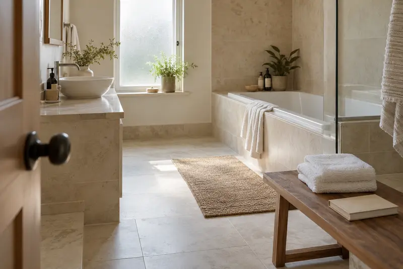 Dry ivory bathroom with folded towels and a closed notebook on a walnut bench.