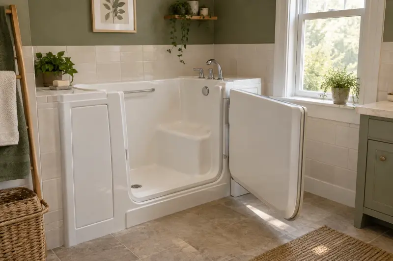 Illustrative dry empty walk-in bath with its side door open in an olive-toned bathroom.