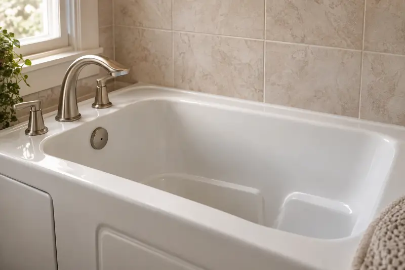 Illustrative dry bath rim and inner surface beside a metal tap fitting.