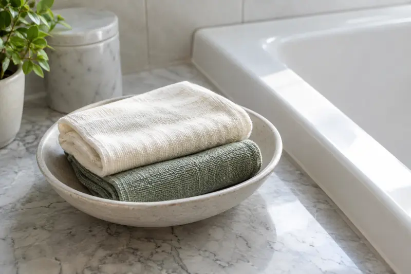 Illustrative folded dry cloths in a shallow bowl on a bathroom counter.