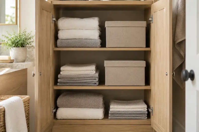 Illustrative bathroom cupboard with folded towels, dry cloths and closed storage boxes.