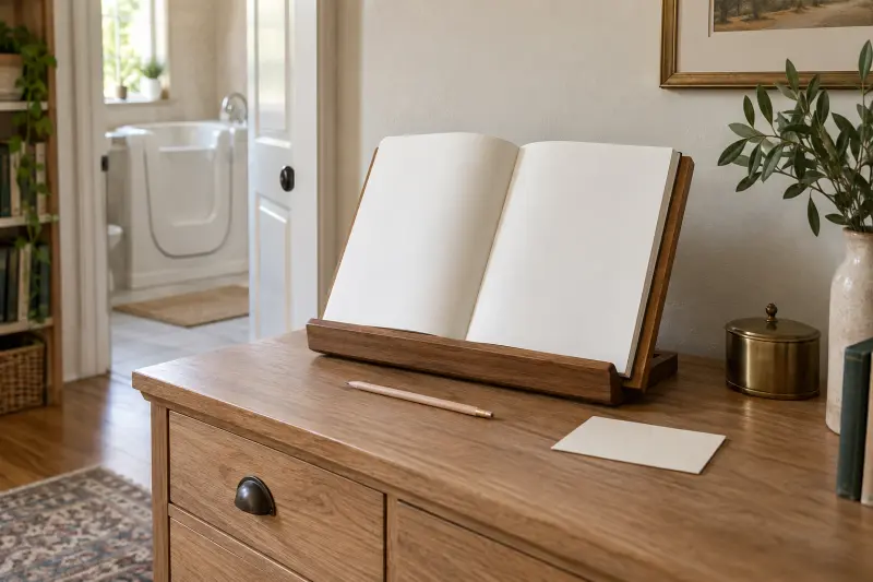 Illustrative open blank booklet on a reading stand beside a pencil and card.
