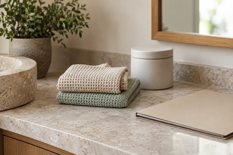 Illustrative bathroom care cloths, a plain closed container and folder on a stone counter.