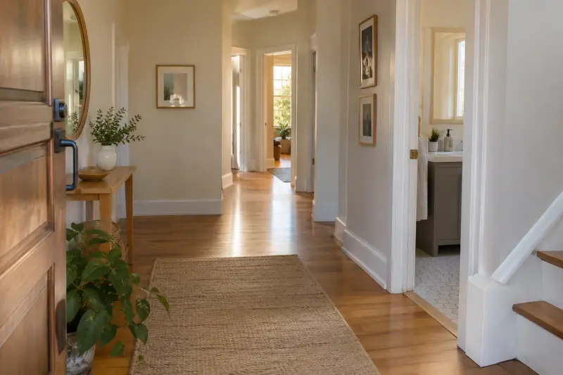 Illustrative photograph of a home entrance, corridor turn and bathroom doorway.