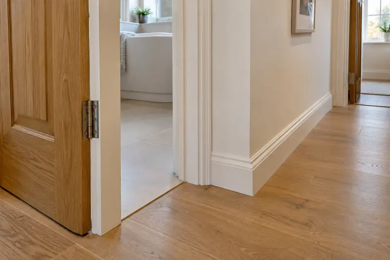 Illustrative close-up photograph of a doorframe and corridor corner outside a bathroom.