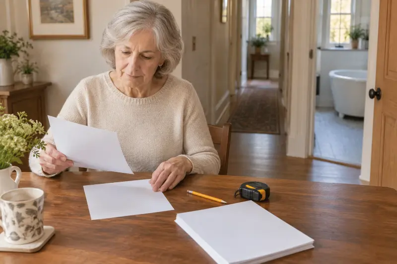 Illustrative photograph of a woman preparing blank delivery-planning notes beside an unused tape measure.