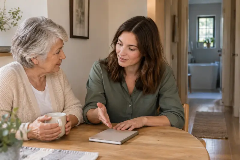 Illustrative photograph of two women discussing a plain notebook with a bathroom doorway beyond.