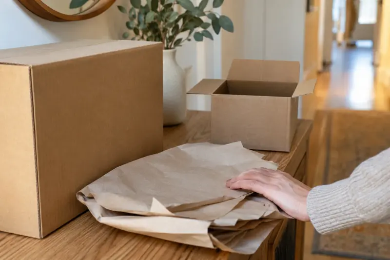 Illustrative photograph of plain cardboard boxes and packing paper on a household bench.