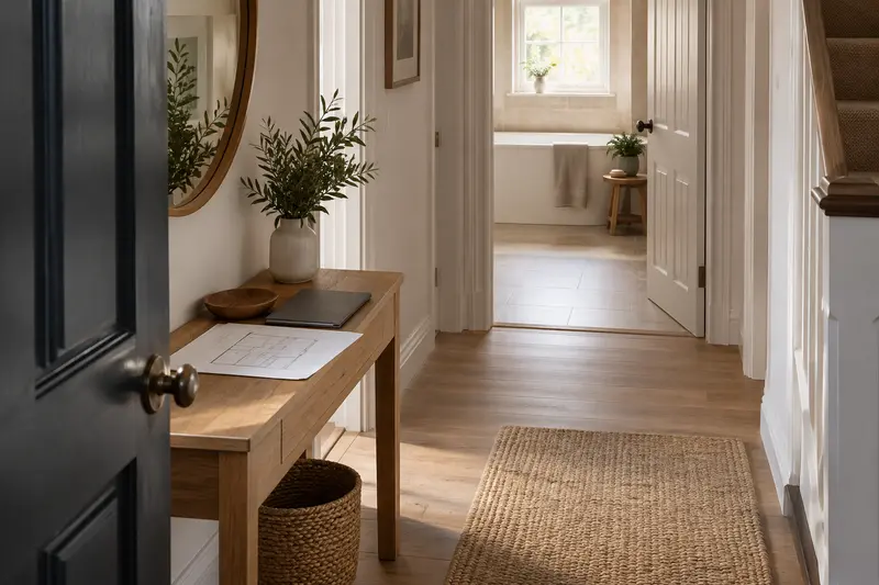 Illustrative entrance corridor and bathroom doorway, with a room sketch on an oak console.
