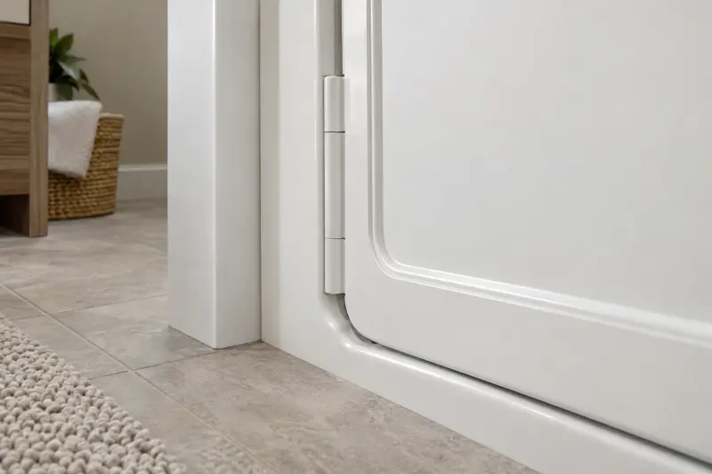 Stationary hinge and frame edge of a closed white bath door