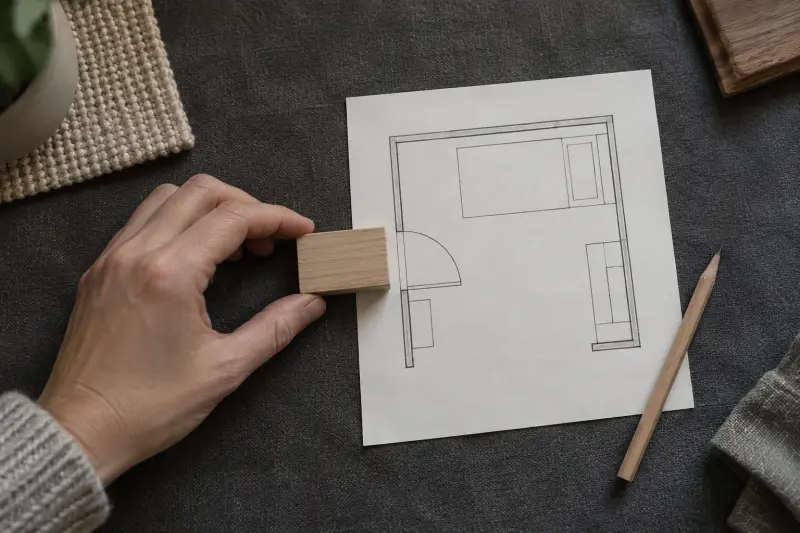 Unlabelled room sketch with a curved door line, pencil and wooden block
