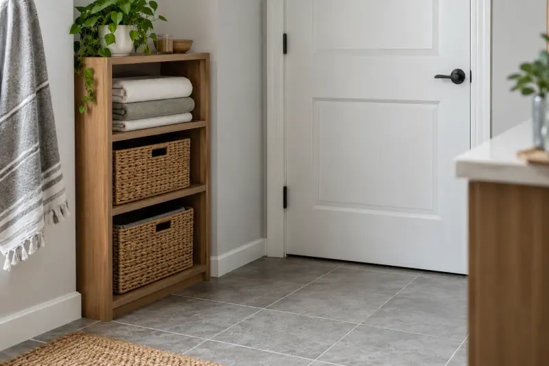 Bathroom shelving with towels and baskets beside a closed room door