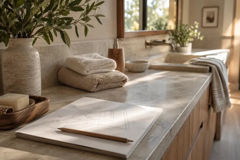 Illustrative bathroom counter with a simple room sketch, pencil and folded towels.