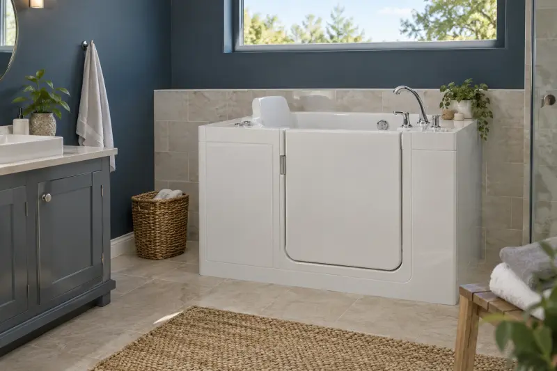 Illustrative dry empty walk-in bath with a closed side door in a blue-toned bathroom.