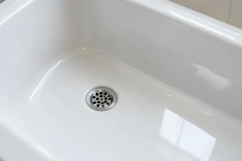 Illustrative dry bath bottom with a round metal drain fitting.