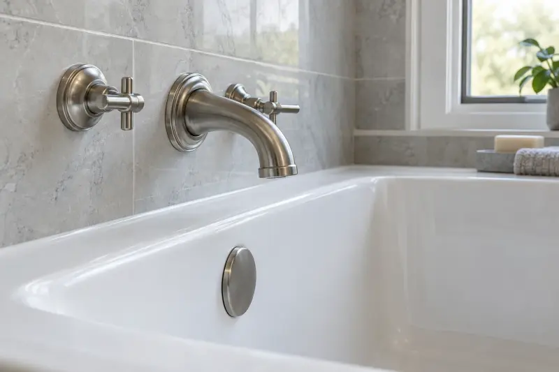 Illustrative inactive bath spout and handles above a dry bath rim.