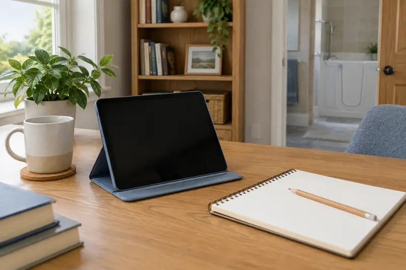 Illustrative tablet with its screen off beside a blank notepad and pencil.
