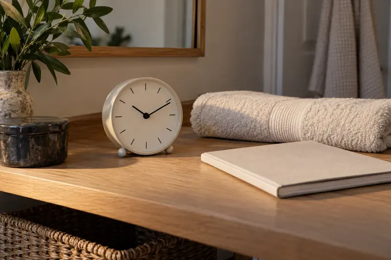 Illustrative household clock beside a folded towel and closed booklet on a dry shelf.