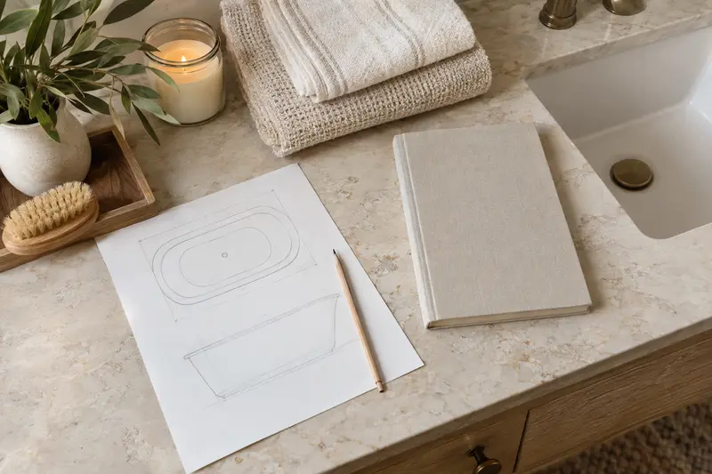 Illustrative bath outline on a stone counter beside a closed book and folded towels.